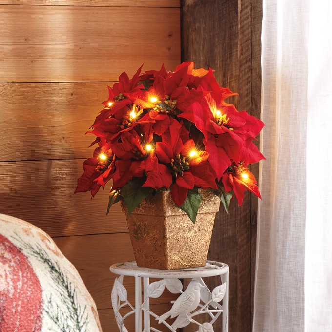 Lit Faux Poinsettia Plant In Pot, , large