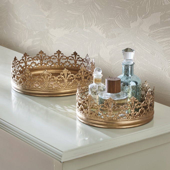 Set of 2 Golden Crown Trays, Gold, large