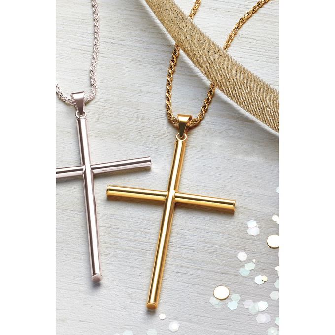 Long Tube Cross Pendant, Gold over Sterling Silver, large