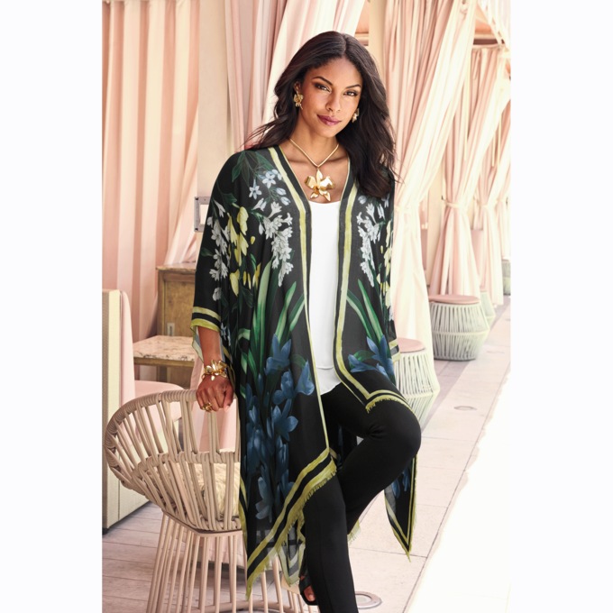 Floral Ruana with Fringe, Navy Multi, large