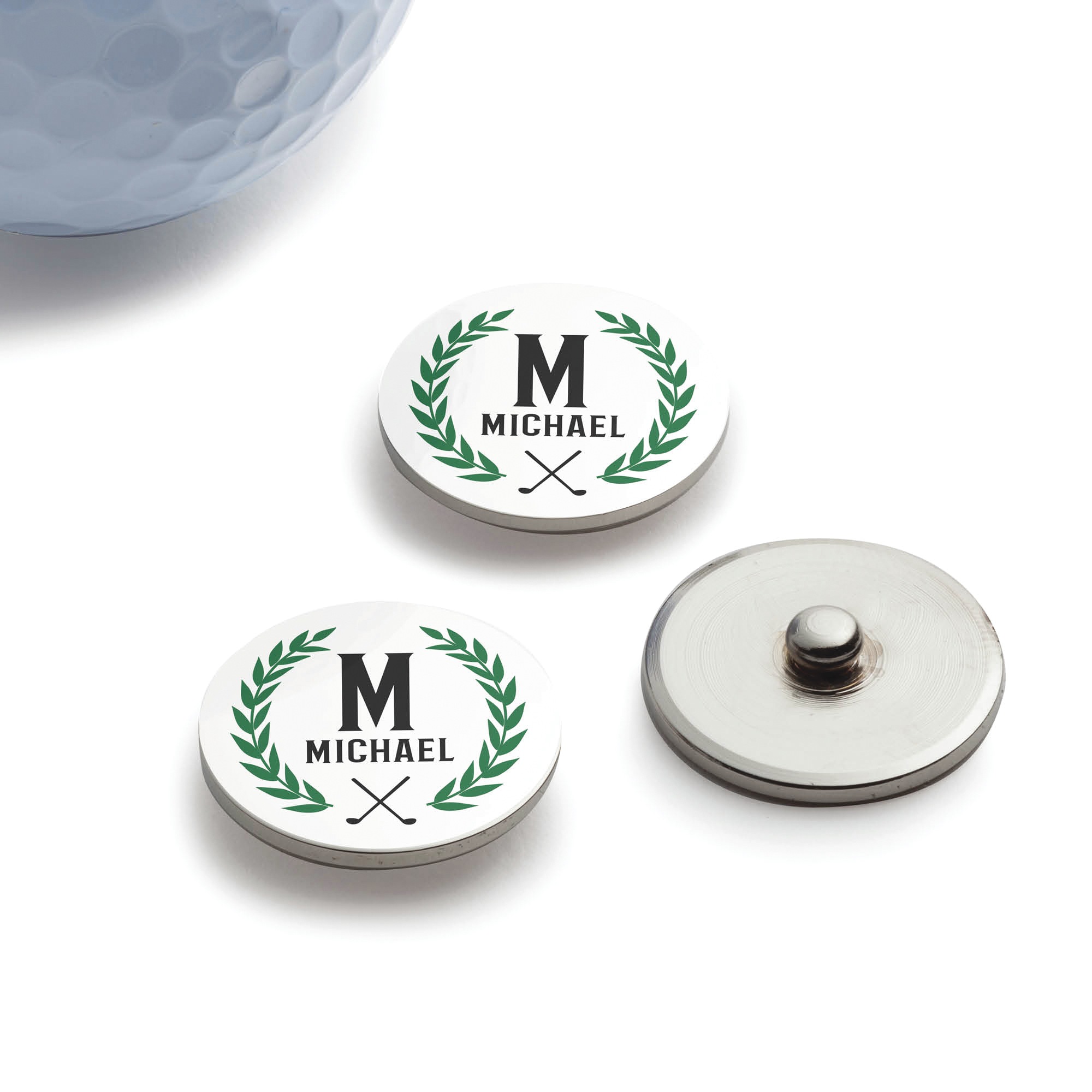 Set of 3 Personalized Laurel-Wreath Golf Ball Markers, , large