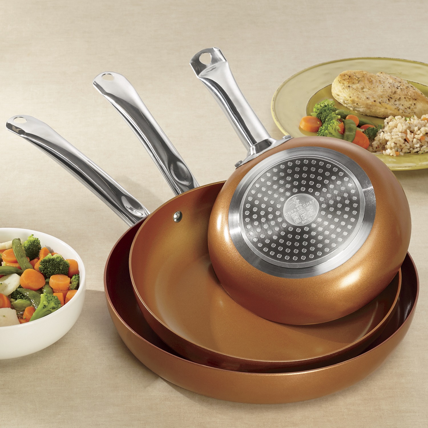 Set of 3 Round Copper Fry Pans by Copper Chef Seventh Avenue