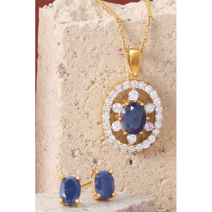 Gemstone Oval Frame Necklace & Earring Set, Sapphire, large