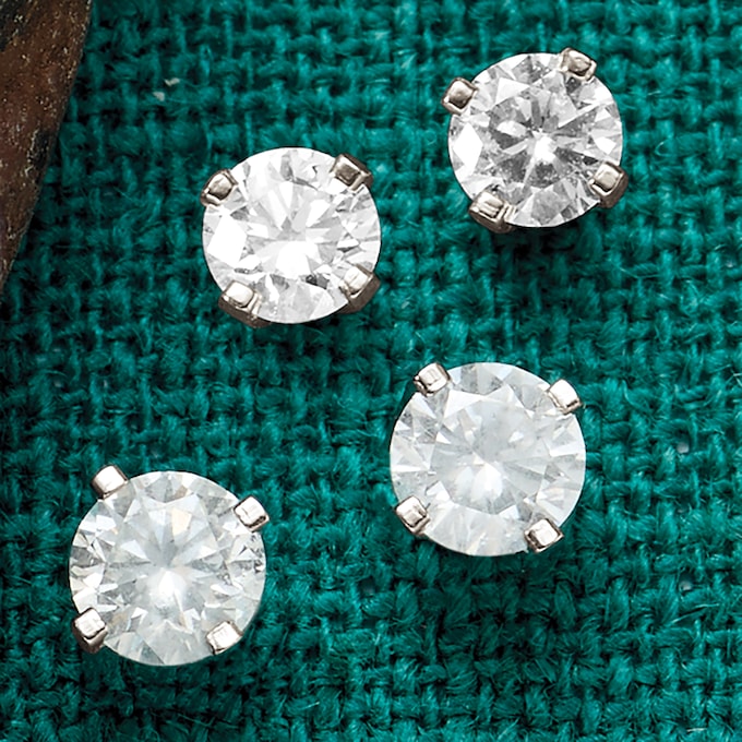 14K Gold 2-Pair Simple Diamond-Stud Earrings, White Gold, large
