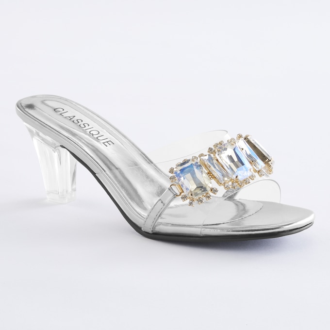 The Classique Vinyl Rhinestone Slide for Women with a Clear 2.5" Lucite Heel, , large