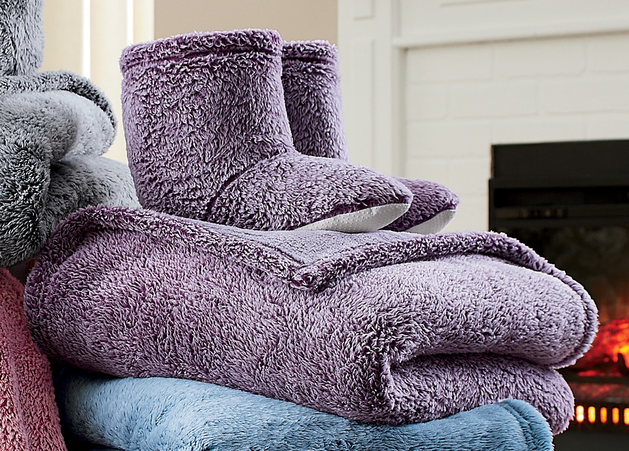 Ultraplush Throw Blanket and Bootie Slippers Gift Set, Plum Marled, large