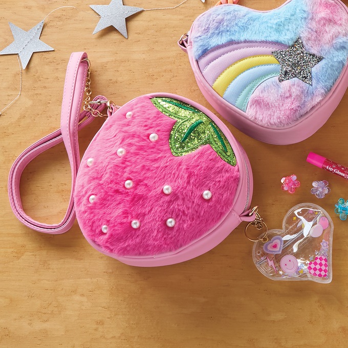 Kids&rsquo; Fuzzy Crossbody Purse with Makeup, Strawberry Shaped, large