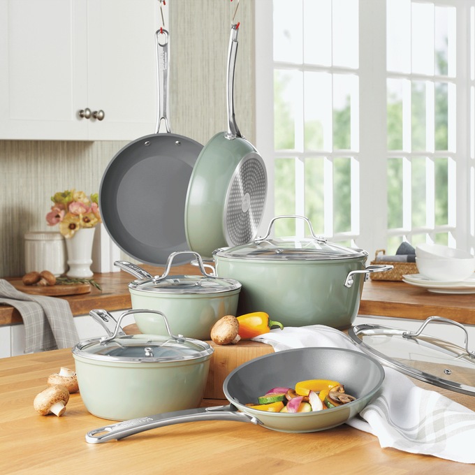 Sur La Table Kitchen Essentials Gourmet Cuisine 10-Piece Ceramic Cookware Set, Juniper, large