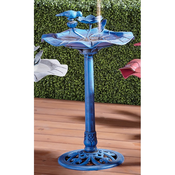 Birdbath Fountain with Bird, Blue, large