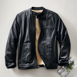 Sherpa-Lined Leather Coat, , large