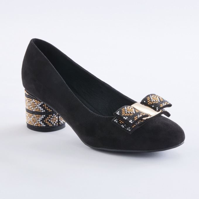 Mosaic Heel Women's Pump with Rhinestone & Stud Bow and Round 2" Heel, , large