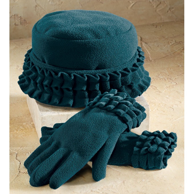 Ruffle-Trim Glove and Hat Set, Teal, large