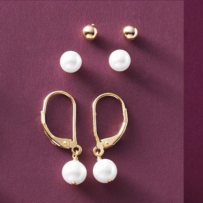 Gemstone Bead 3-Pair Earring Set, Fresh Water Pearl, large