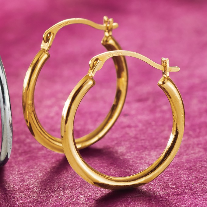 2-Pair Round Smooth Hoop Set, Yellow Gold and Sterling Silver, large