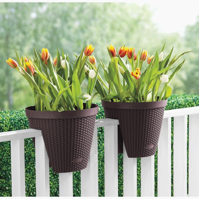Set of 2 Basketweave Rail Planters, Brown, large