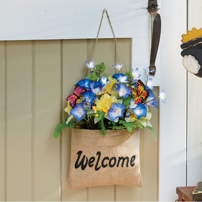 LED Welcome Floral Burlap Wall Hanging, , large