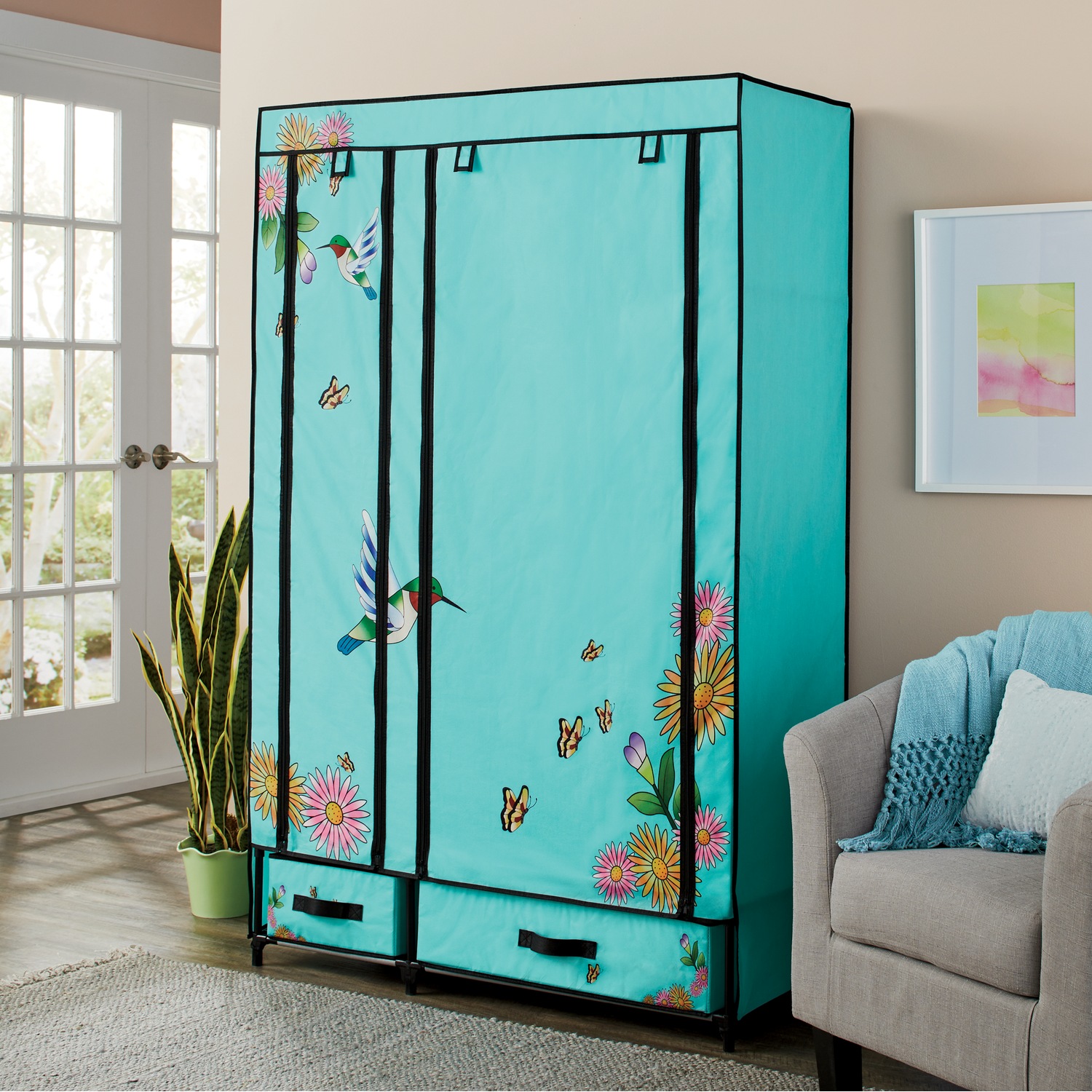 Fabric Storage Wardrobe Closet with Drawers and Hanging Bar