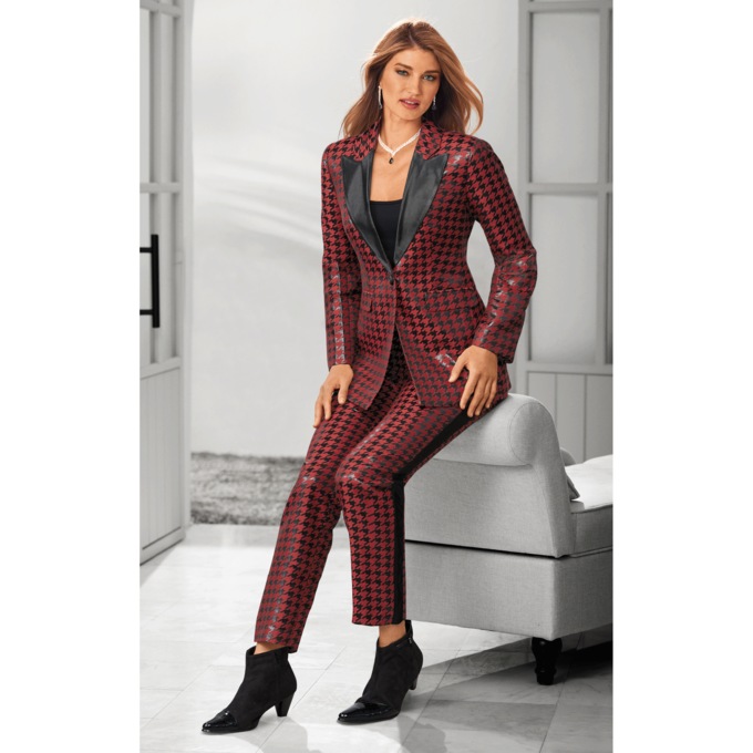 Ellie Metallic Houndstooth Pantsuit, Red Multi, large