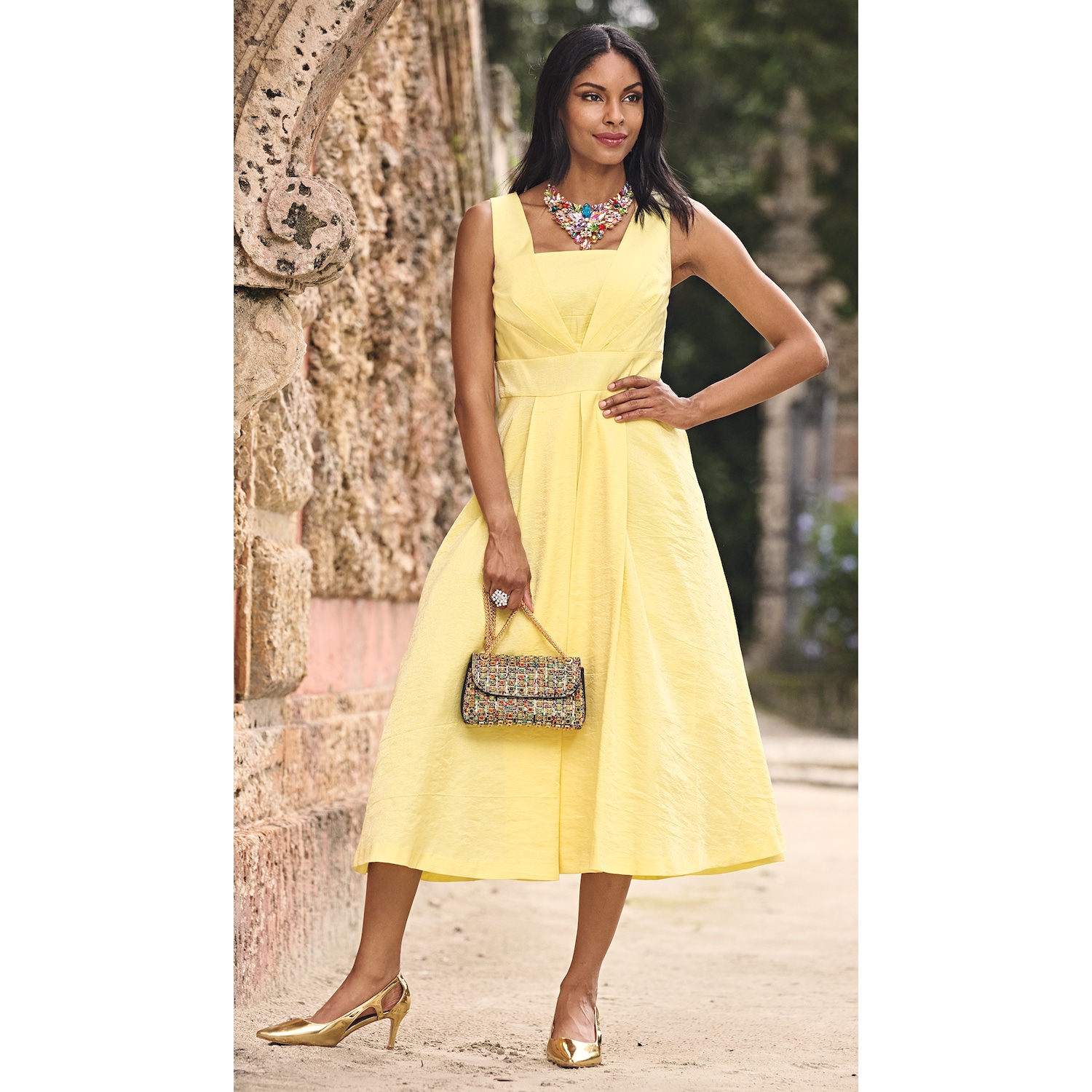Ashro Elegant Fit-and-Flare Sparkling Jacket Dress with 3/4 Sleeve, Size 12, Yellow