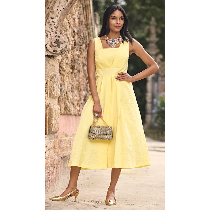 Elegant Fit-and-Flare Sparkling Jacket  Dress with 3/4 Sleeve, Yellow, large