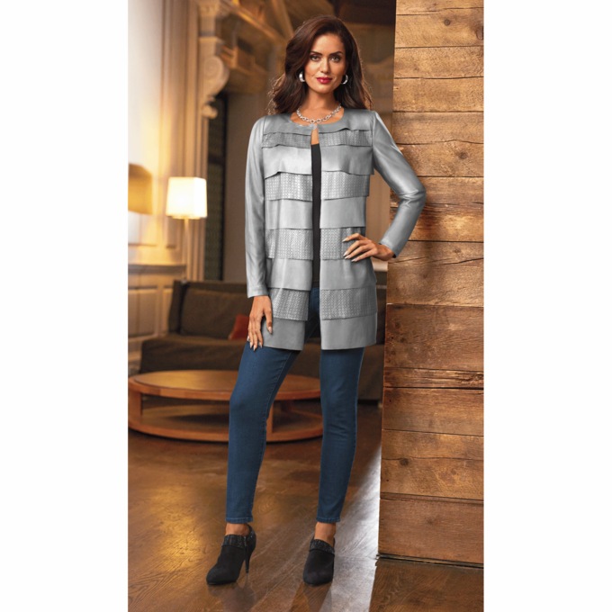 Elaina Faux Leather Jacket with Tiers and Lasercut Designs, , large