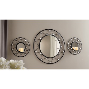 Round Gem Mirror &amp; 2 Round Gem Mirrored Sconces - Buy All and Save, , large