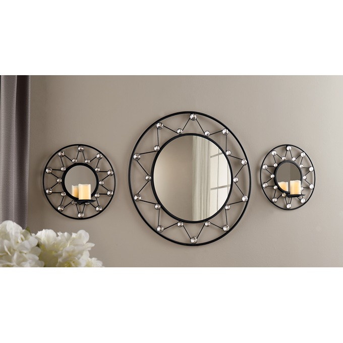 Round Gem Mirror & 2 Round Gem Mirrored Sconces - Buy All and Save, , large