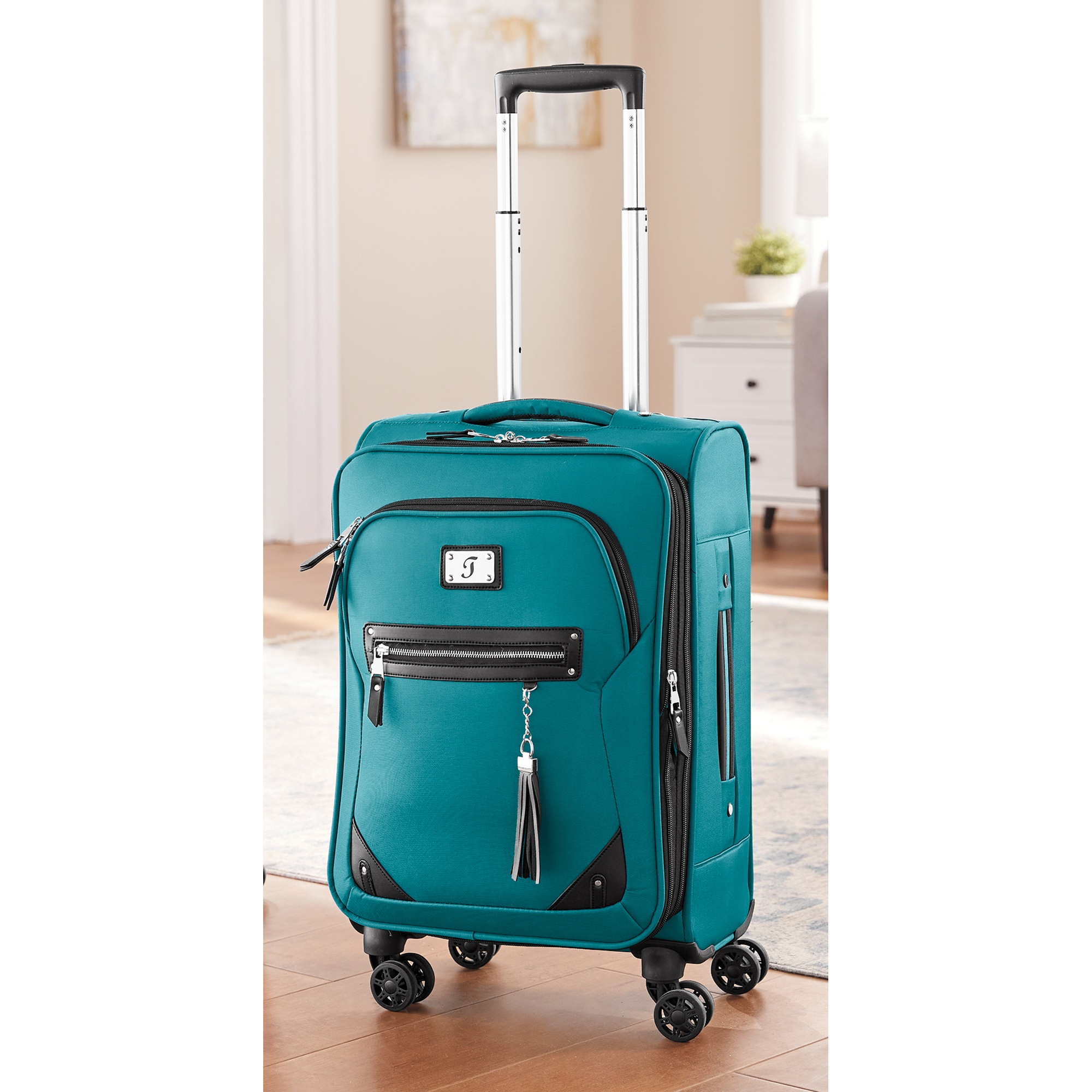 Soft-Sided Rolling Carry-On with Wheels and Telescoping Handle, Teal, large