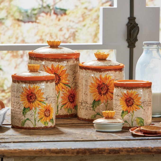 Set of 4 Scripted Sunflower Canister Set, , large