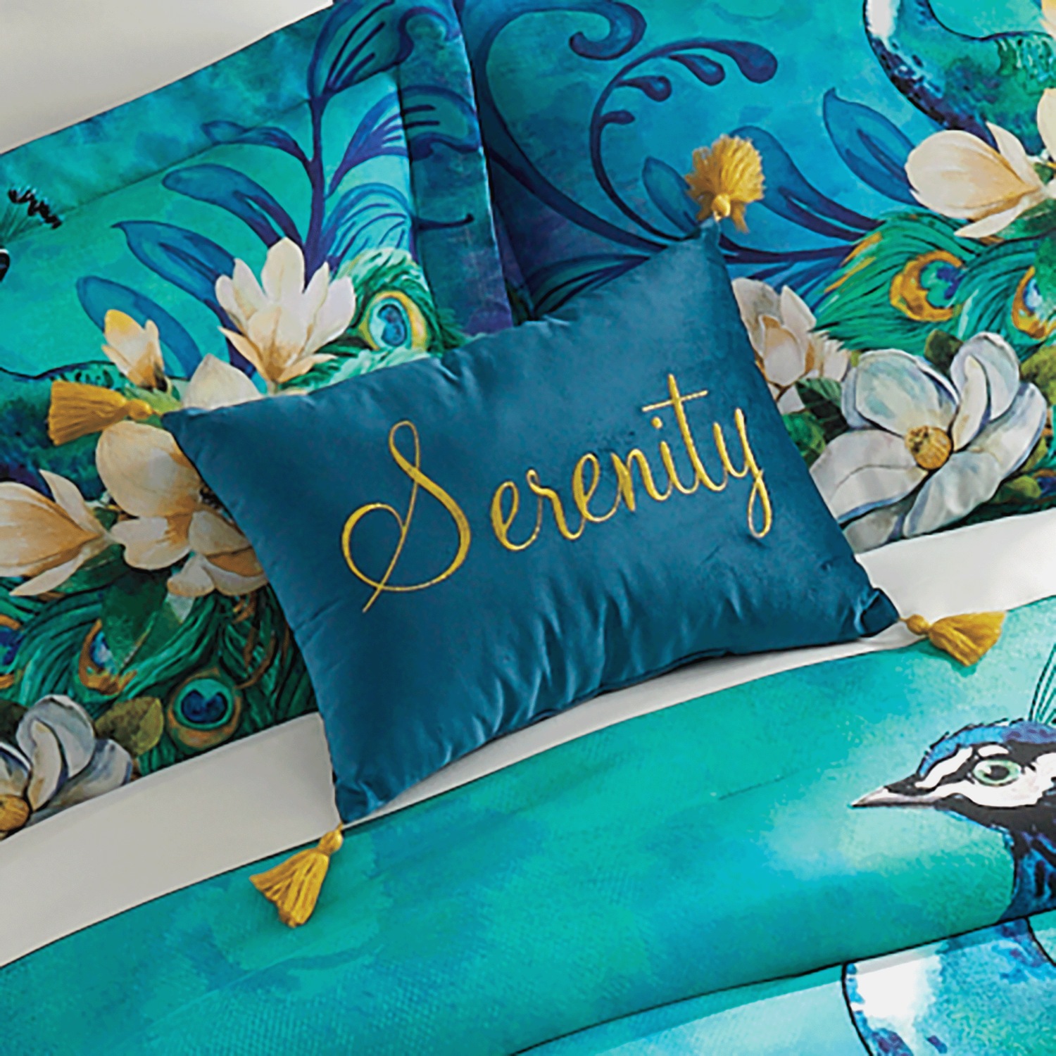Serenity Peacock Comforter Set, Accent Pillow, Panel Pair and Valance