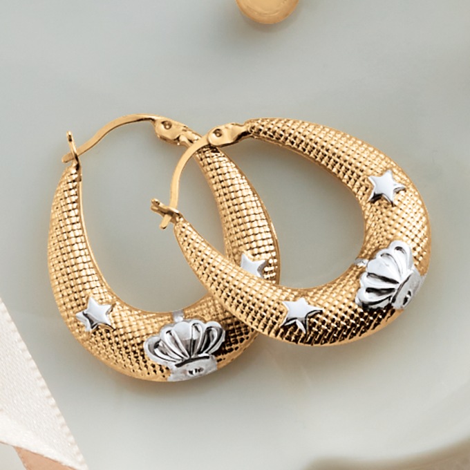 10K Gold Crown/Star Hoops, , large