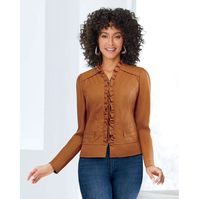 Ruffle-Front Jacket, Chestnut, large