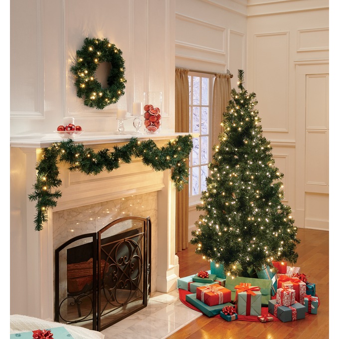 Pre-Lit Christmas Tree, Wreath & Garland Set, 3 Pieces, , large