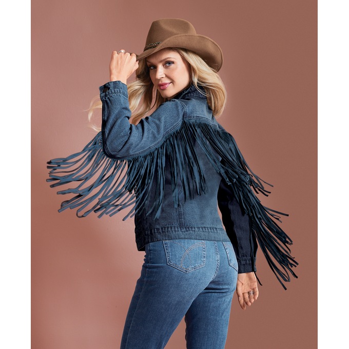 Denim Fringe Jacket, Blue, large