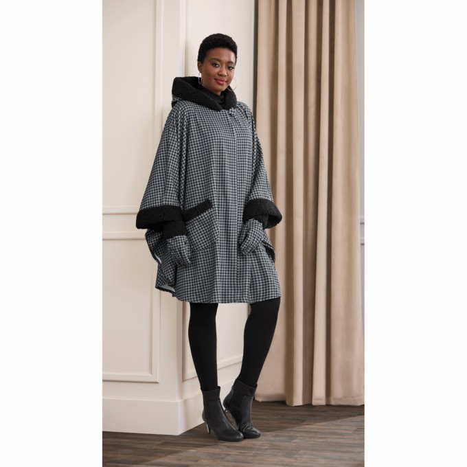 Sherpa-Trim Women's Fleece Cape and Glove Set, Black Houndstooth, large