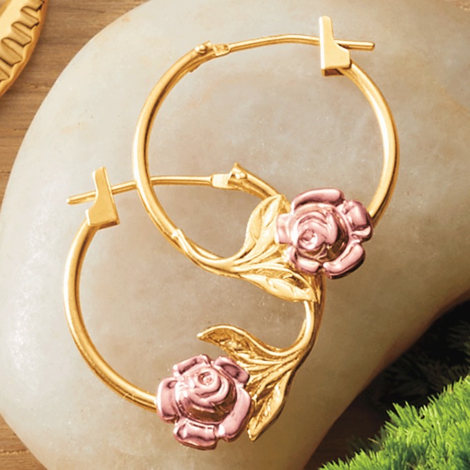 10K Gold Tri-Color Rose Hoops, , large