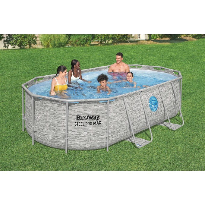 Bestway Power Steel Swim Vista Series 14' Above Ground Outdoor Swimming Pool Set with Filter Pump, Ladder, and Pool Cover, , large