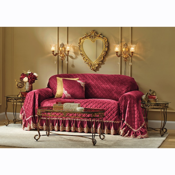 Quilted Velvet Furniture Throw, Cherry, large