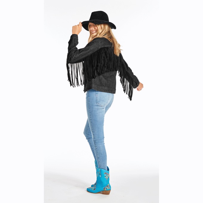 Denim Fringe Jacket, Black, large