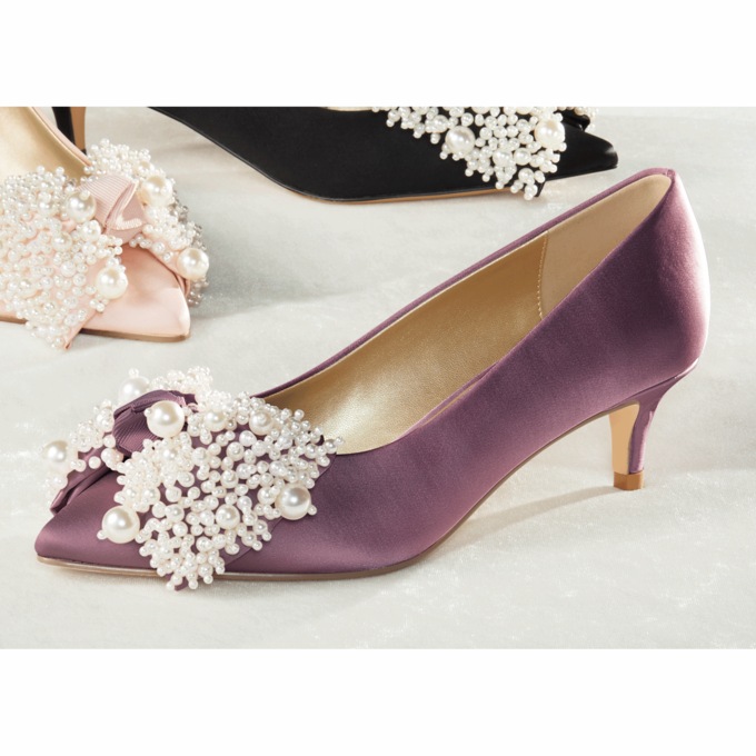 Faux-Pearl Satin Bow Pump with 2" Kitten Heel and Memory Foam for Women, Plum, large