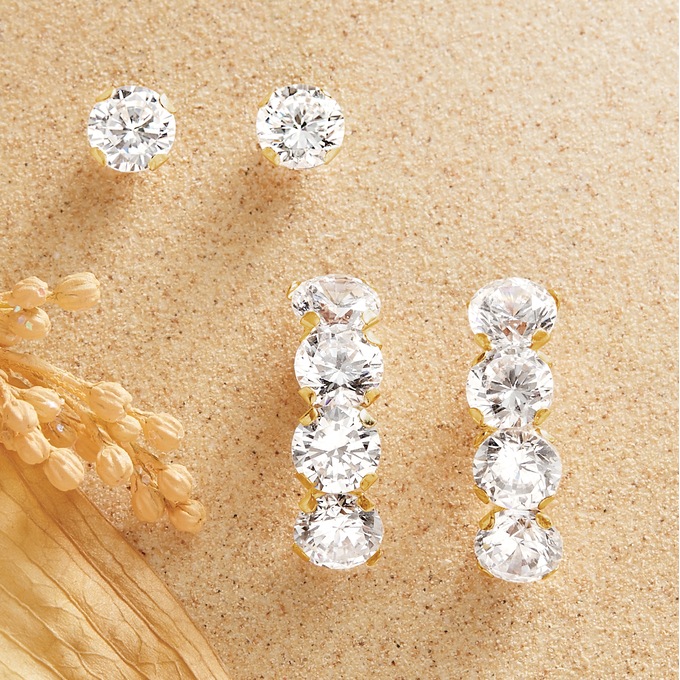 10K Gold Cubic Zirconia 2-Pair Post/Bar Earring Set, , large