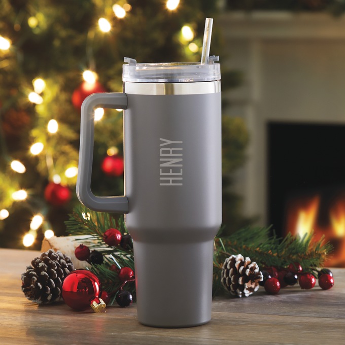 Personalized Block Stainless Steel 40-oz. Travel Mug, Gray, large