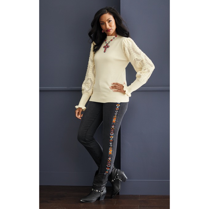 Nora Ribbed Women's Sweater with Pointelle Balloon Sleeves and Mockneck, , large