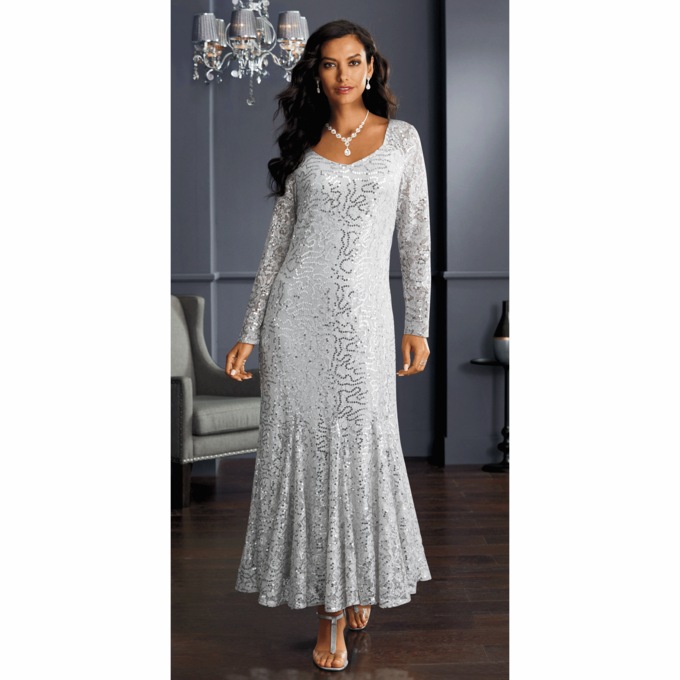 Sylvie Sequin Lace Gown with Long Sleeves, , large