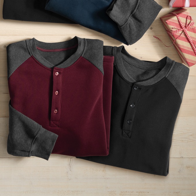 2-Pack Men's Fleece Raglan Henley Shirt in Sweatshirt Fabric with Long Sleeves, , large