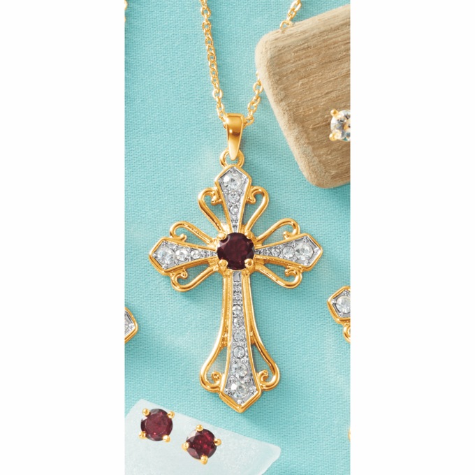 Gemstone Cross Pendant/Earrings Set, , large