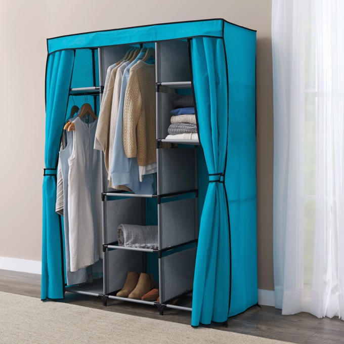 Storage Wardrobe with Pull-Back Curtains, Teal, large