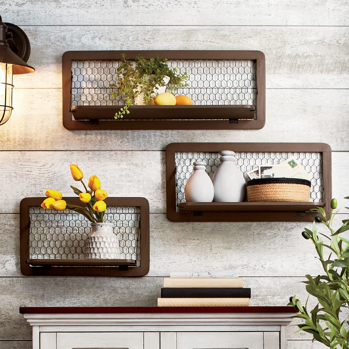 Set of 3 Chicken Wire Wall Shelves, , large