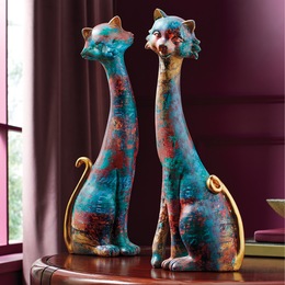 Set of 2 Colorful Cat Statues, , large