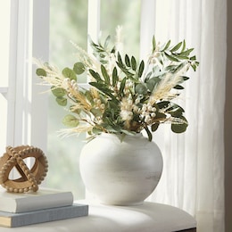 Potted Lit Olive and Pampas Stems, , large